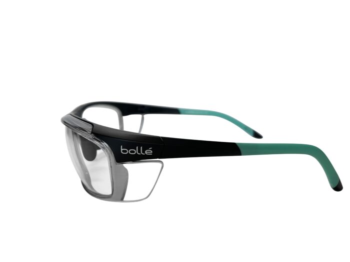 Bolle Harper wrap around prescription safety glasses with aqua.